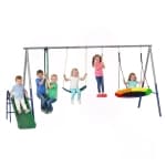 Qaba 5-in-1 Kids Swing Set, 770lbs Capacity Metal Outdoor Playset with A-Frame, Slide, Saucer Swing, Belt Swing, Glider and Standing Swing for Backyard, Adjustable Height