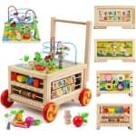 Wooden Activity Cube Toys with Bead Maze Baby Clocks Shape Sorter Abacus 6 in 1 Play Push and Pull Learning Walker Educational Toys