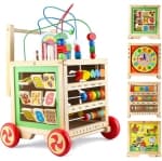 Wooden Activity Cube Toys with Bead Maze Baby Clocks Shape Sorter Abacus 6 in 1 Play Push and Pull Learning Walker Educational Toys
