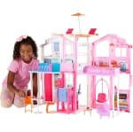 3-Story Townhouse Dollhouse with Elevator, Swing Chair, Furniture and Accessories, Fold for Portability and Travel