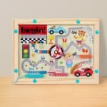 Racing car themed wooden children's magnetic bead maze color sorting counter board - an educational toy for babies.