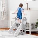 Foldable Step Stool, 2-in-1 Adjustable 3-Step Kids Stool with Handles, HDPE Plastic, Grey, Learning Helper for Potty Training, Bathroom Sink & Kitchen Counter