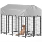 PawHut Outdoor Dog Kennel, Run, Large Wire Steel Fence, Lockable Pet Playpen Enclosure, with Water-, UV-Resistant Canopy Top, Door, Rotating Bowl Holders, 8ft x 4ft x 6ft, Silver
