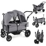 Babyjoy Wagon Stroller for 2 Kids Push Pull Double Stroller with Adjustable Handle Black/Gray