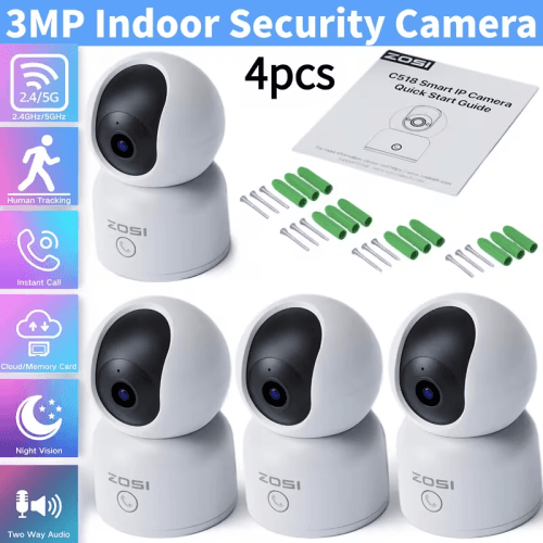 ZOSI 4pcs 2K 3MP 360° Pan/Tilt C518 WIFI Home Security IP Camera, Indoor Pets/Baby Monitor, One-Click Call, AI Human Tracking, 2-Way Audio, 2.4G/5G Hz WiFi
