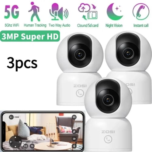 ZOSI C518 360° Pan/Tilt 2K 3MP WIFI Security IP Camera, Indoor Pets/Baby Monitor, One-Click Call, AI Human Tracking, 2-Way Audio, 2.4G/5G Hz WiFi - 3-Pack