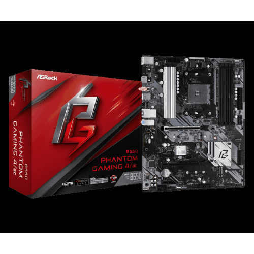 ASRock B550 PHANTOM GAMING 4/AC ATX Motherboard - Socket AM4 - AMD B550 Chipset - Supports DDR4-4733+(OC) - 1x PCIe 4.0 x16 - 1x PCIe 3.0 x16 - 1x M.2 Socket3 - USB 3.2 Gen1 Type-A - HDMI - Realtek Gb
