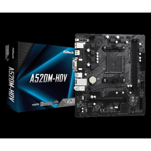 ASRock A520M-HDV Micro ATX Motherboard - Socket AM4 - AMD A520 Chipset - Supports DDR4-4733+(OC) - 1x PCIe 3.0 x16 - 1x PCIe 3.0 x1 - 1x M.2 Socket3 - DVI-D - D-Sub - HDMI 2.1 - USB 3.2 Gen1 Type-A -