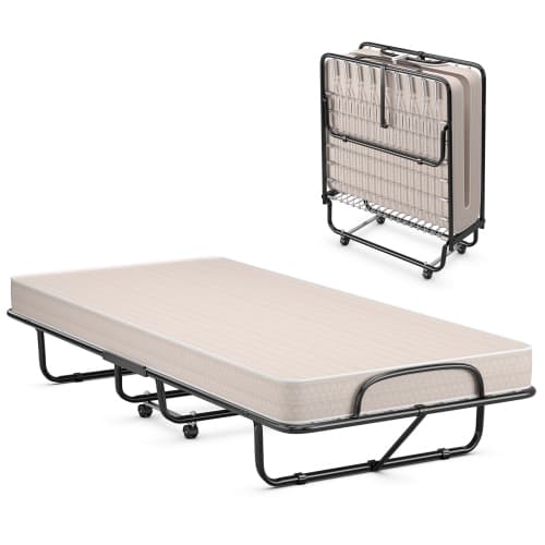 Gymax Folding Bed with Mattress Portable Rollaway Guest Cot Memory Foam Made in Italy Beige