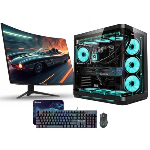 HAJAAN Gaming Desktop PC ~ MSI 27” Gaming Monitor, AMD Ryzen 7 Processor, GeForce RTX 5060 GDDR7, 16GB DDR4 RAM, 1TB NVMe SSD, Liquid Cooling, Wi-Fi, Windows 11 Pro