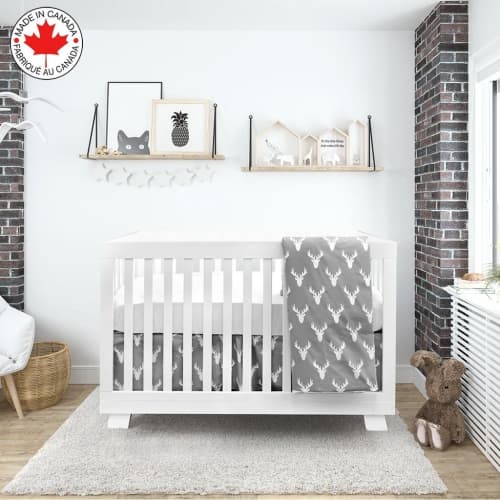 Bebelelo 4 Pieces Nursery Crib Bedding Set Including Skirt, Mattress Cover, Comforter, and Quilt for Kids, Baby Boys and Girls (Gray and White Color with Moose Pattern)