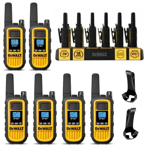 6 × DeWalt DXFRS800 Worksite Walkie Talkies – 2W Heavy-Duty Rechargeable Two-Way Radios with VOX, 22 Channels, Waterproof, Shock Resistant, Long-Range – 6-Pack with Charging Dock