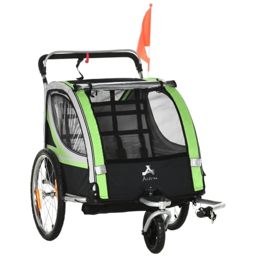 Aosom 2 Seat Bike Trailer for Kids 2-in-1 Double Baby Stroller with Handbrake, Rubber Wheels, 5 Point Harness, Waterproof Cover, Storage Bag, Reflectors, Green