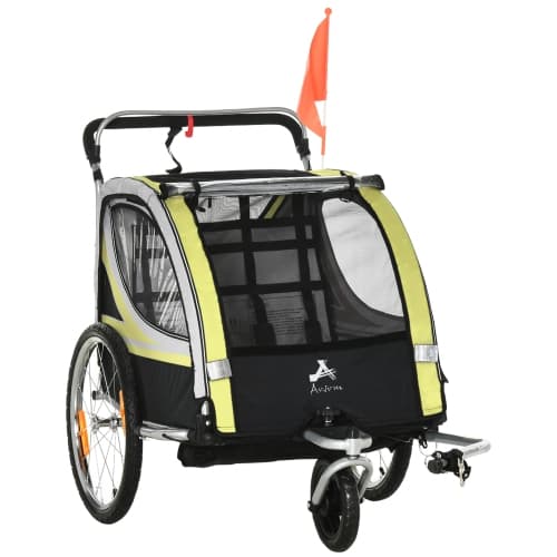Aosom 2 Seat Bike Trailer for Kids 2-in-1 Double Baby Stroller with Handbrake, Rubber Wheels, 5 Point Harness, Waterproof Cover, Storage Bag, Reflectors, Yellow