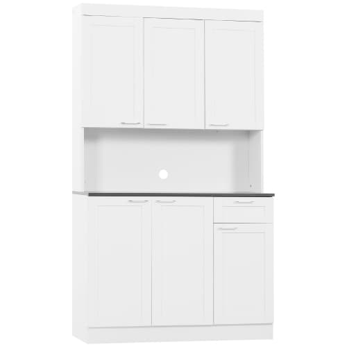 HOMCOM Kitchen Pantry Storage Cabinet, Kitchen Buffet Hutch with Microwave Oven Countertop, Drawer, Adjustable Shelves, Cable Management, High Gloss White