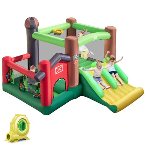 Patiojoy Inflatable Bounce House with 735W Blower 6-in-1 Bouncer Castle w/ Double Slides Jump Area Ocean Balls Basketball Rim for Kids Aged 3+ Indoor/Outdoor