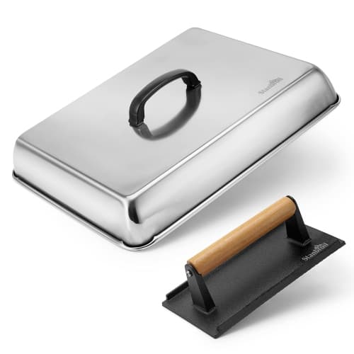 Melting Dome & Grill Press Kit- Stainless Steel Basting Cover Cheese Melting Dome with Cast Iron Burger Bacon Press for Flat Top Griddle Grill Indoor/Outdoor
