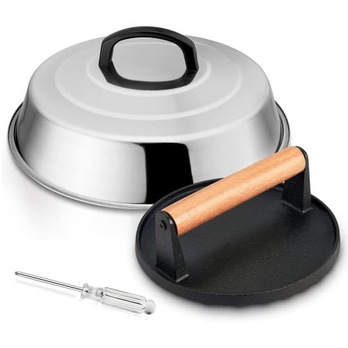 12In Cheese Melting Dome & 7In Cast Iron Grill Press, Stainless Steel Basting Cover with Heavy Duty Burger Bacon Press, Griddle Accessories for Teppanyaki Flat Top Stovetop Indoor