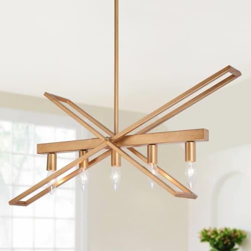 Geometric Brushed Deep Gold Chandelier, Modern 5-Light Island Farmhouse Chandelier Ceiling Light