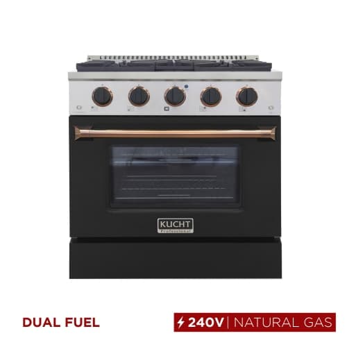 KUCHT 30 in. 4.2 cu. ft. Dual Fuel Range for Natural Gas with Sealed Burners and Convection Oven in Stainless Steel with Black Oven Door, Black Knobs and Gold Handle & Ring Knobs