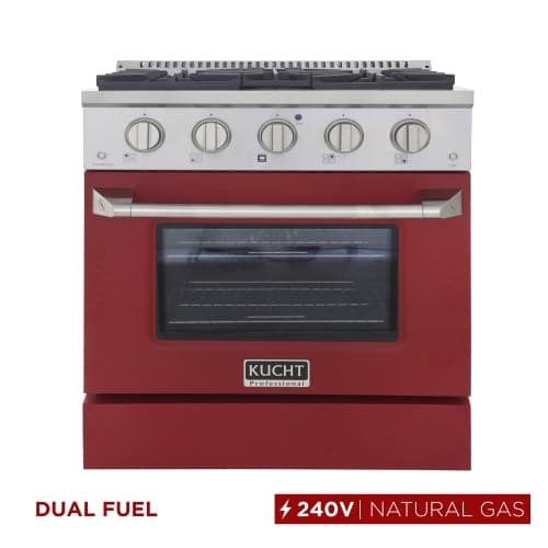KUCHT Professional 30-inch 4.2 cu. ft. Dual Fuel Range for Natural Gas with Sealed Burners and Convection Oven in Stainless Steel with Red Oven Door