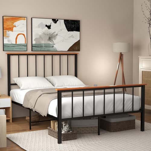 Gymax Full/Queen Size Metal Platform Bed Frame Mattress Foundation with Headboard Industrial
