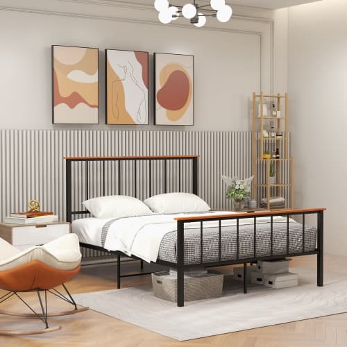 Gymax Full/Queen Size Metal Platform Bed Frame Mattress Foundation with Headboard Industrial