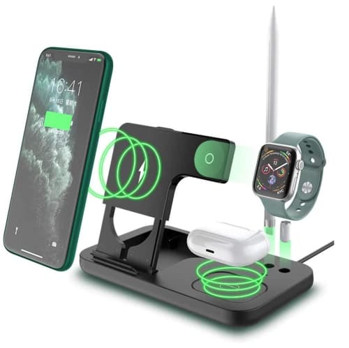 Raxxio 4 in 1 Wireless Charger, Qi-Certified Fast Charging Dock Station, iPhone 14/14Plus/13/12/11 Pro/XS/XR, AirPods, Samsung Galaxy S23/S22/S21/S20