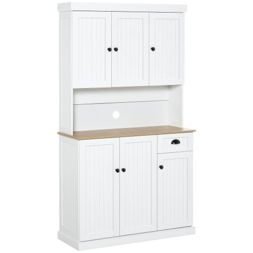 HOMCOM Modern Kitchen Pantry Storage Cabinet with Microwave Oven Countertop, Freestanding Buffet Cabinet with Hutch, Drawer, and Adjustable Shelves, White