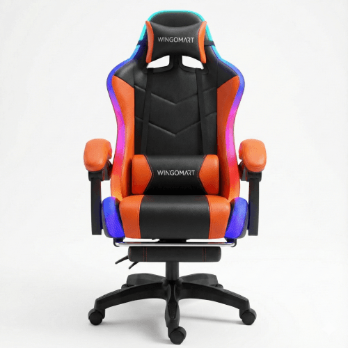 WINGOMART Ergonomic High-Back PU Faux Leather Gaming Chair With built in LED light, Office chair W/ Lumbar Massage & Footrest High Back Adjustable Swivel