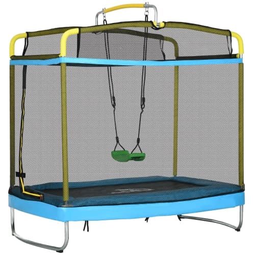 Qaba 6.9FT Trampoline for Kids, 3 In 1 Mini Trampoline with Safety Net, Gymnastics Bar, Swing, Toddler Trampoline for 3-6 Years Outdoor Use, Light Blue
