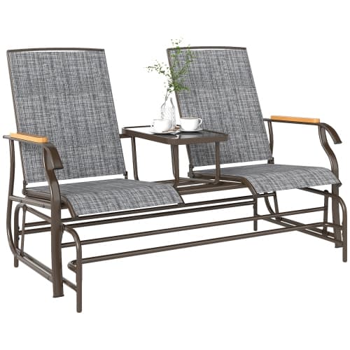 Outsunny Outdoor Glider Bench with Tempered Glass Table, Breathable Mesh, 2-Person Rocking Glider Chair, Swing Loveseat Rocker, for Porch, Garden, Poolside, Balcony, Grey