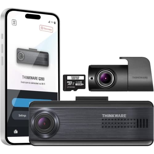 Thinkware Q200 2CH Dash Cam Front Rear 2K Car Dashboard Camera, WiFi, WDR, Speed Red Light Alerts, ADAS, 256GB Max, Parking Monitor, Night Vision (32GB, Hardwiring Cable, GPS)