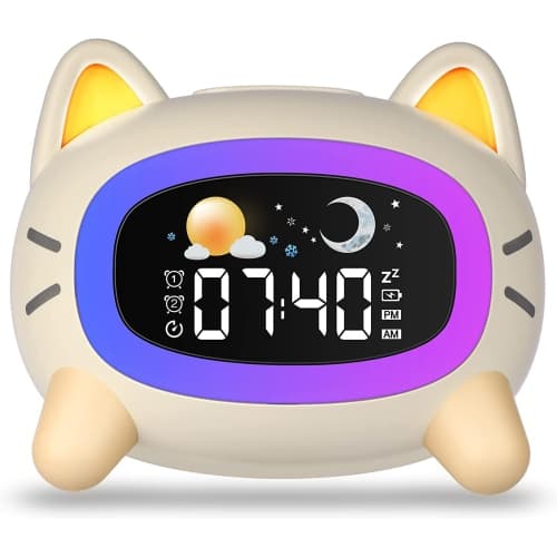 Kids Alarm Clock Rechargeable, Children Sleep Trainer with Sun&Moon Rise - Wake-Up Light & Night Light 4 Levels Adjustable Brightness, 7 Sleep Sounds Machine, and Snooze Function