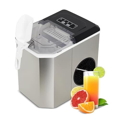 Countertop Ice Maker, Portable Stainless Steel Machine with Scoop Holder, Self-Cleaning, 26Lbs in 24Hrs, 9 Cubes in 6 Mins, 2 Sizes of Bullet Ice Cubes for Home Office Camping Boat