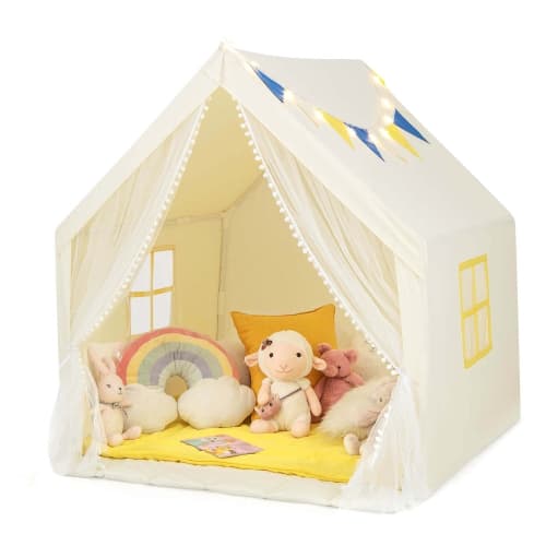 Costway Large Play Tent Kids & Toddlers Playhouse with Washable Cotton Mat, Star Lights