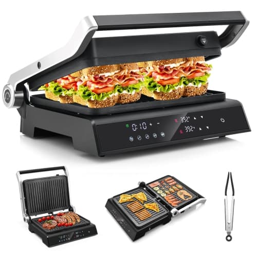 Costway Panini Press Sandwich Maker, 3-in-1 Electric Indoor Grill, 2 Removable & Dishwasher Safe Non-Stick Plates, Drip Tray, 5 Auto Modes