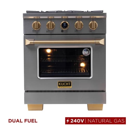 KUCHT Professional 30-inch 4.2 cu. ft. 4 Burners Dual Fuel Range for Natural Gas in Stainless Steel with Gold Accents and Kucht Horus Thermostat