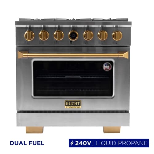 KUCHT Professional 36-inch 5.2 cu. ft. 6 Burners Dual Fuel Range for Propane Gas in Stainless Steel with Gold Accents and Kucht Horus Thermostat