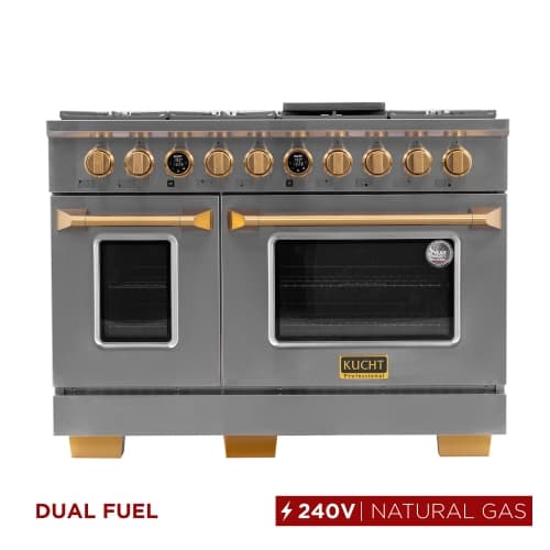 KUCHT Professional 48-inch 6.7 cu. ft. 8 Burners Dual Fuel Range for Natural Gas in Stainless Steel with Gold Accents and Kucht Horus Thermostat