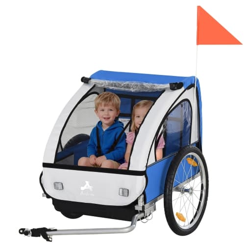 Aosom 2 Seat Bike Trailer for Kids Double Baby Toddler 80lbs Load w/ Steel Frame, 5-Point Safety Belts, Universal Bicycle Connect, Reflectors, Red Flag, Waterproof Cover, Blue