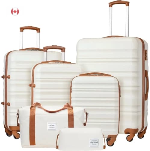 6 Piece Luggage Set | ABS Hardshell with TSA Lock, Spinner Wheels, Carry-On Suitcase (White-Brown)