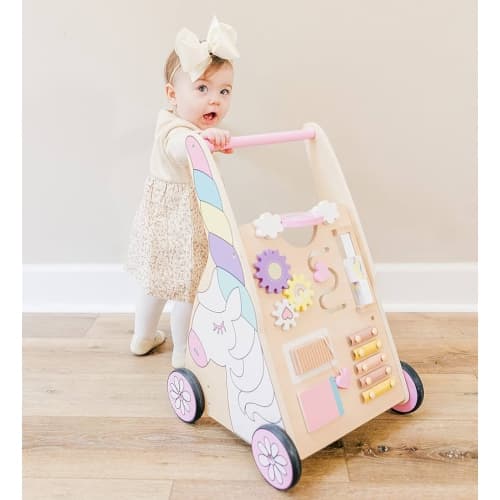 Hopscotch Squad Sit-to-Stand Learning Walker Unicorn Themed Interactive Wooden Push & Pull Baby Walker with Multiple Activities to Develop Motor Skills