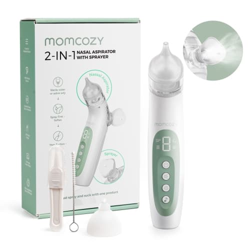 Momcozy upgrade Nasal Aspirator for Baby, 2-in-1 with Nasal Spray for Baby, 65kPa 4 Suction Levels, Portable with Light & Soothing Music