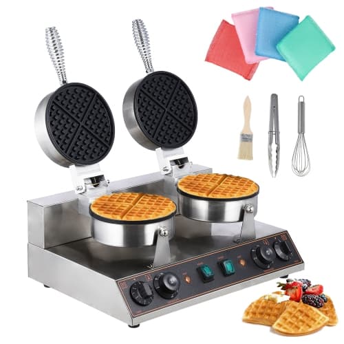 Acekool Commercial Round Waffle Maker Machine, 2400W Electric Double Waffle Iron with Temperature and Time Control