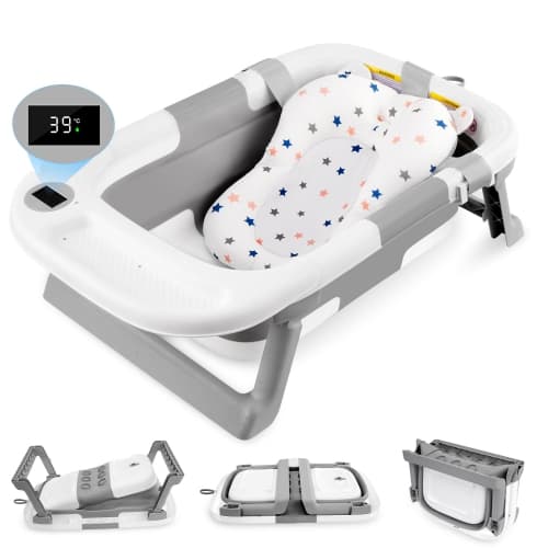 Folding Baby Bath Tub with Soft Support Cushion and Temperature Sensor, Anti-Slip Portable Travel Shower Basin