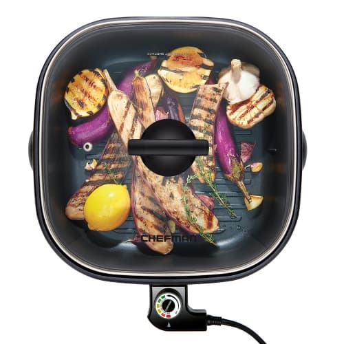 Chefman Electric Grill And Skillet, Ridged Surface, Braise, Steam, Sauté, Sear, Pan Fry, Adjustable Temperature, 4.2-..