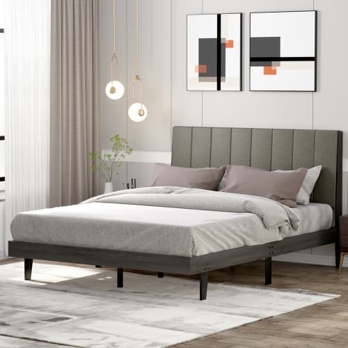 Costway Upholstered Bed Frame, Wooden Slats Support Queen Mattress Foundation with Tufted Headboard, Platform Bed with Rubber Wood Legs, No Box Spring Needed, Easy Assembly, Grey