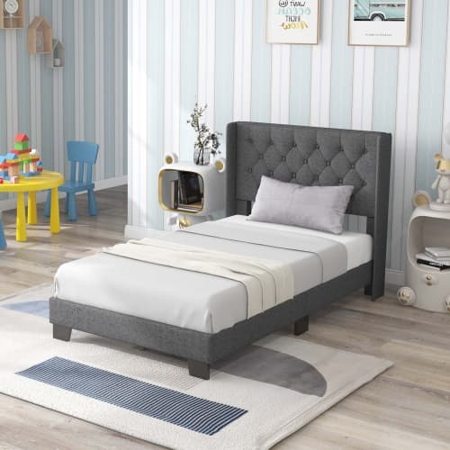 Costway Twin Bed Frame for Kids, Modern Fabric Upholstered Platform Bed with Wingback Button Tufted Headboard, Solid Wooden Slats Support Mattress Foundation, Grey