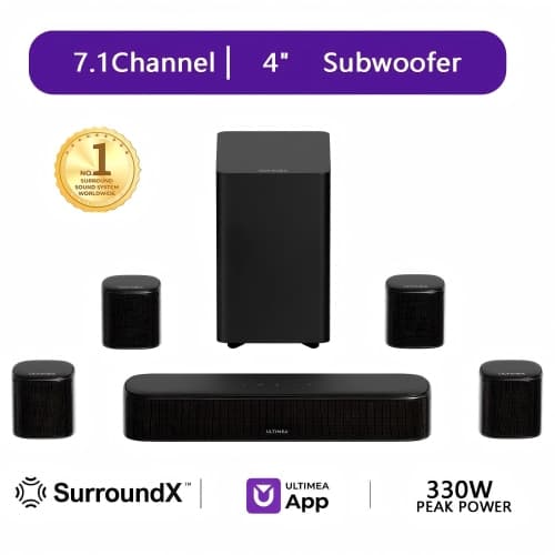 ULTIMEA 7.1ch Virtual Surround Sound Bar, Sound Bar for Smart TV with 4 Surround Speakers, Peak Power 330W, Surround Sound System for TV, App Control, Aura A40